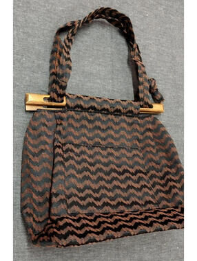 Vintage 1970s Brown Black Zig Zag Purse Spacious Handbag Wooden Handles Handmade